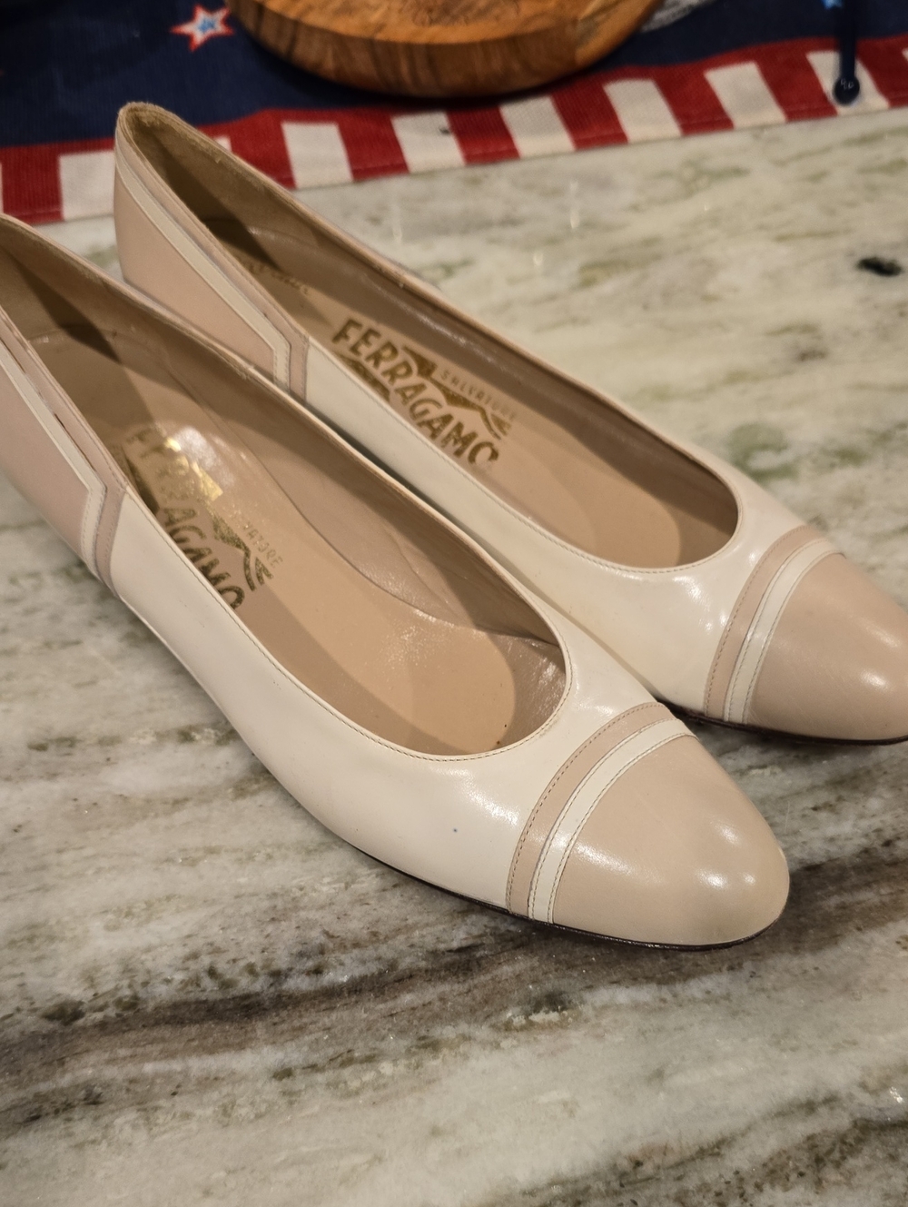 Salvatore Ferragamo Cream and Beige Leather Cap-Toe Flats
